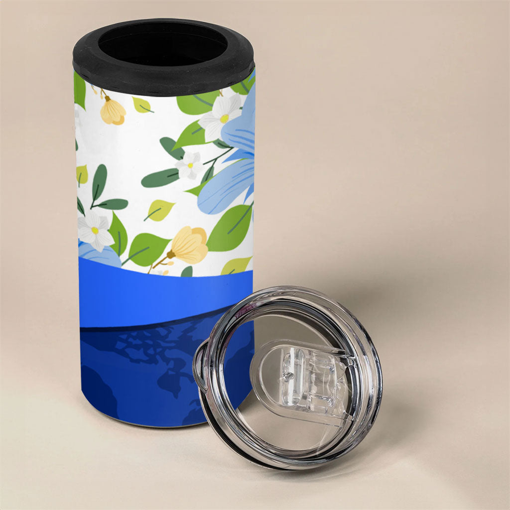 Diabetes Awareness Ribbon 4 in 1 Can Cooler Tumbler Floral Blue Ribbon World Map