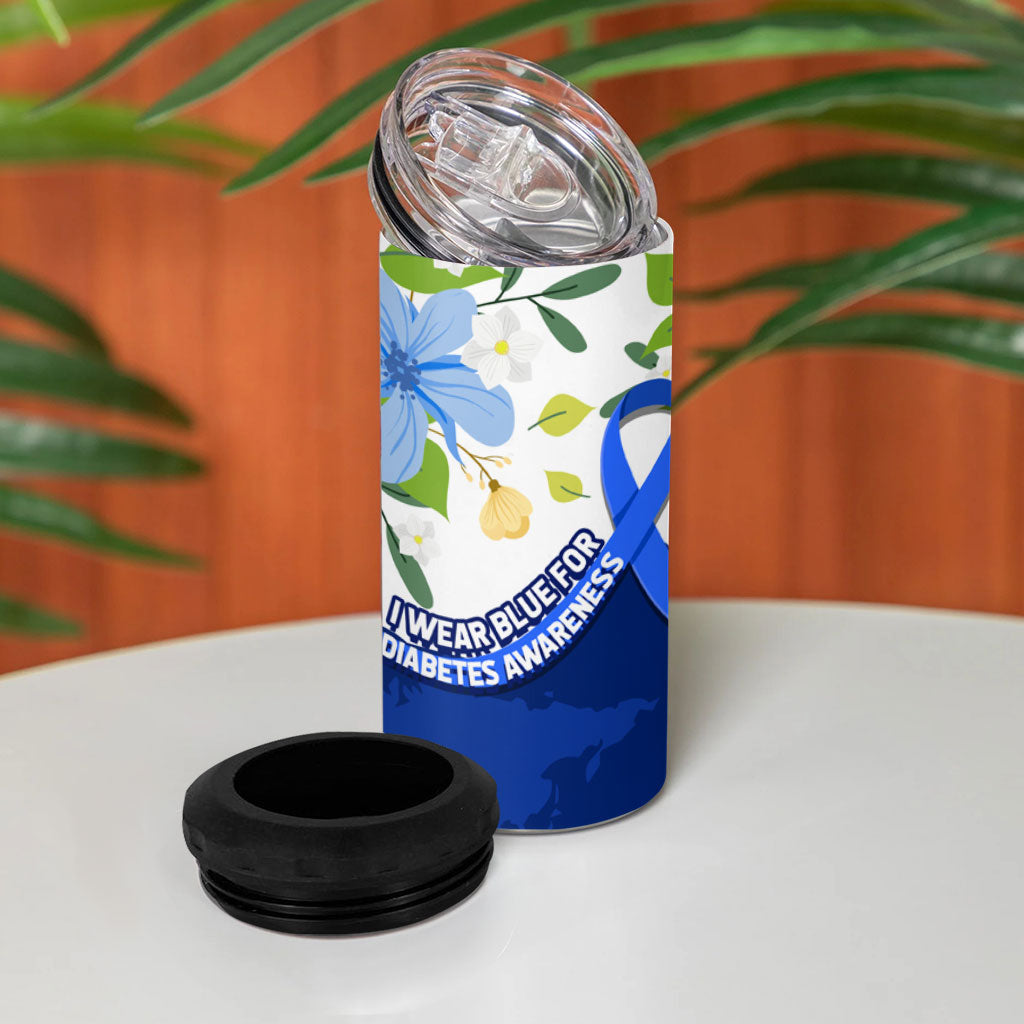 Diabetes Awareness Ribbon 4 in 1 Can Cooler Tumbler Floral Blue Ribbon World Map