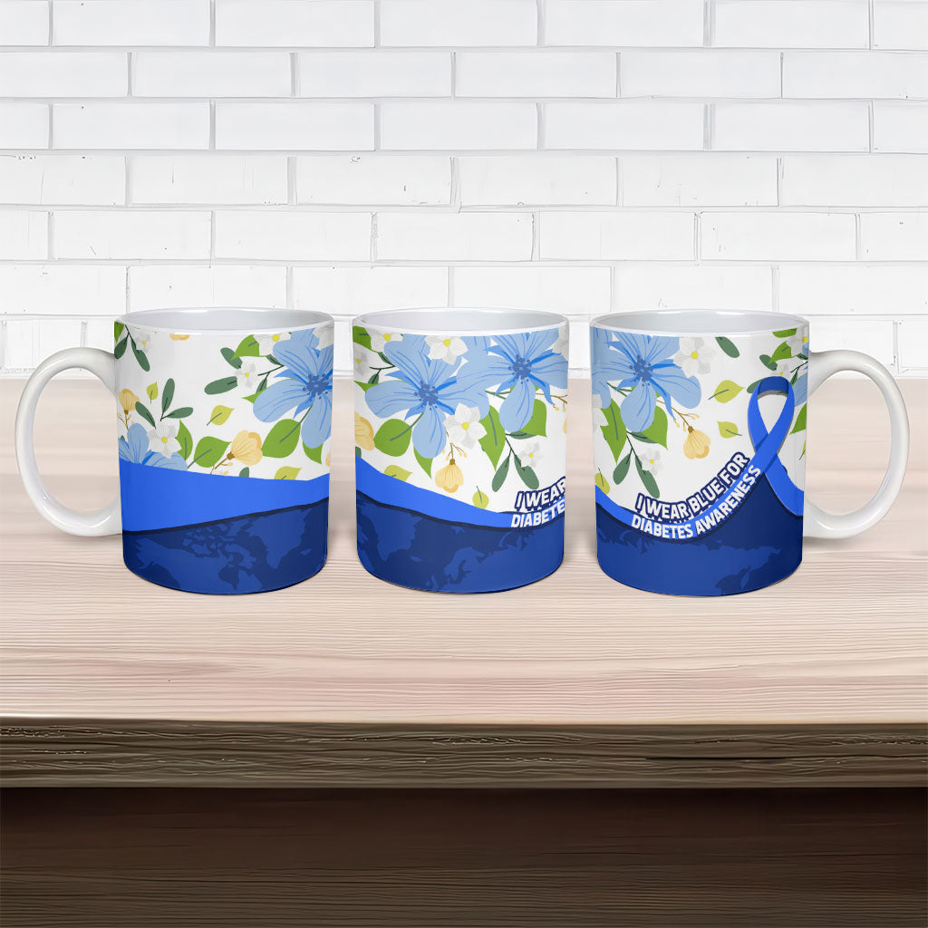 Diabetes Awareness Ribbon Ceramic Mug Floral Blue Ribbon World Map