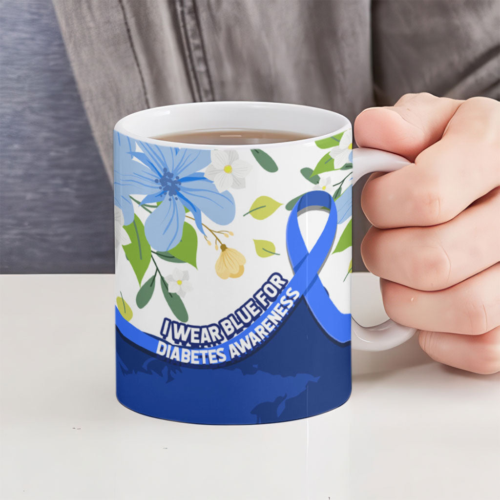 Diabetes Awareness Ribbon Ceramic Mug Floral Blue Ribbon World Map