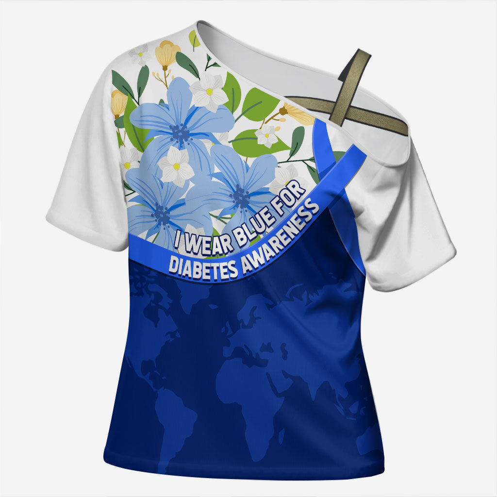 Diabetes Awareness Ribbon Cross Shoulder Shirt Floral Blue Ribbon World Map