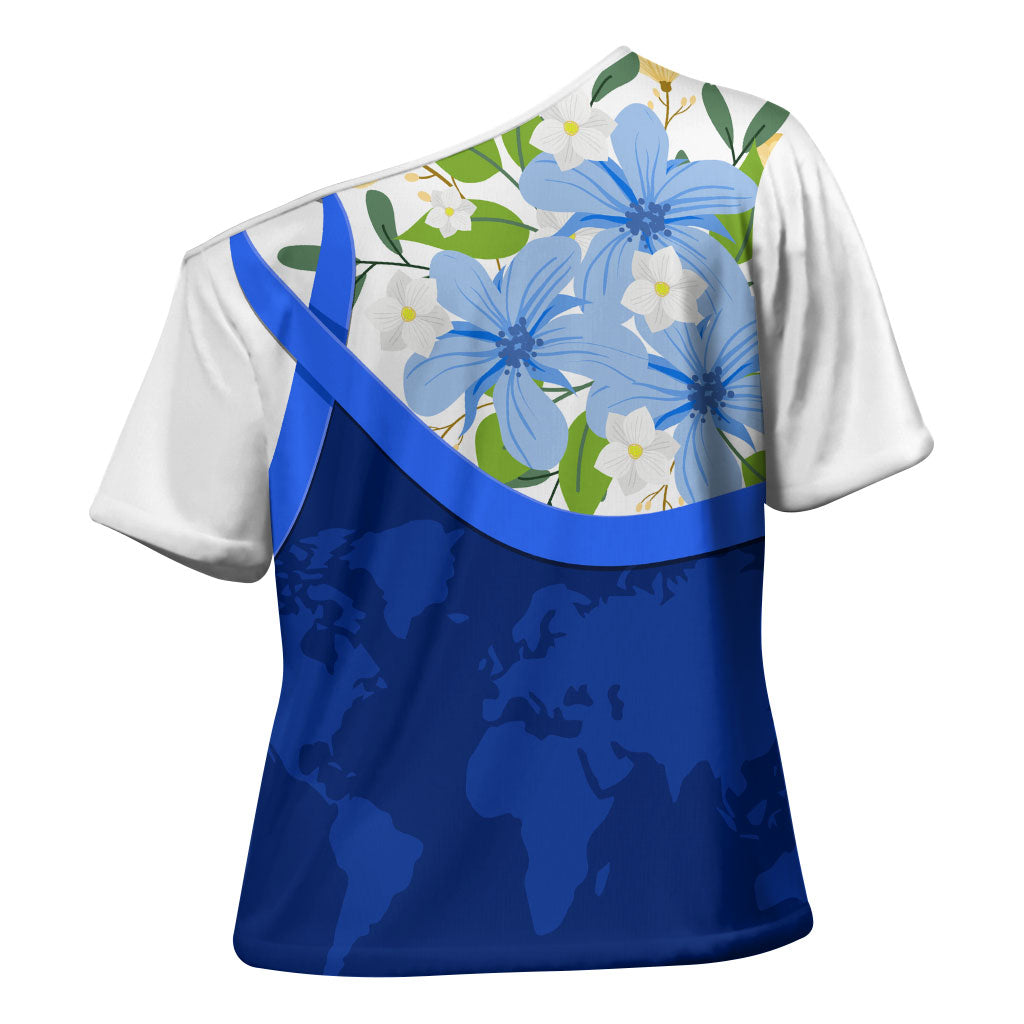 Diabetes Awareness Ribbon Cross Shoulder Shirt Floral Blue Ribbon World Map