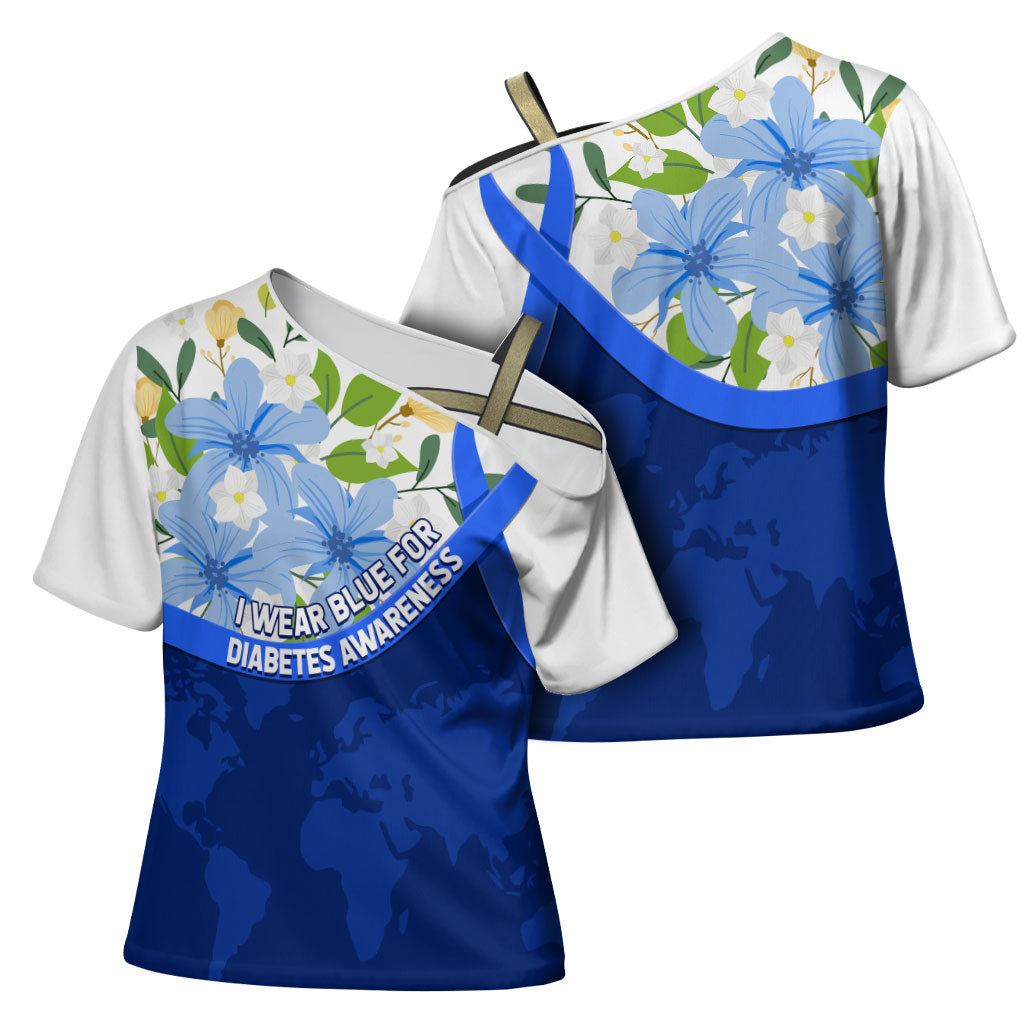 Diabetes Awareness Ribbon Cross Shoulder Shirt Floral Blue Ribbon World Map