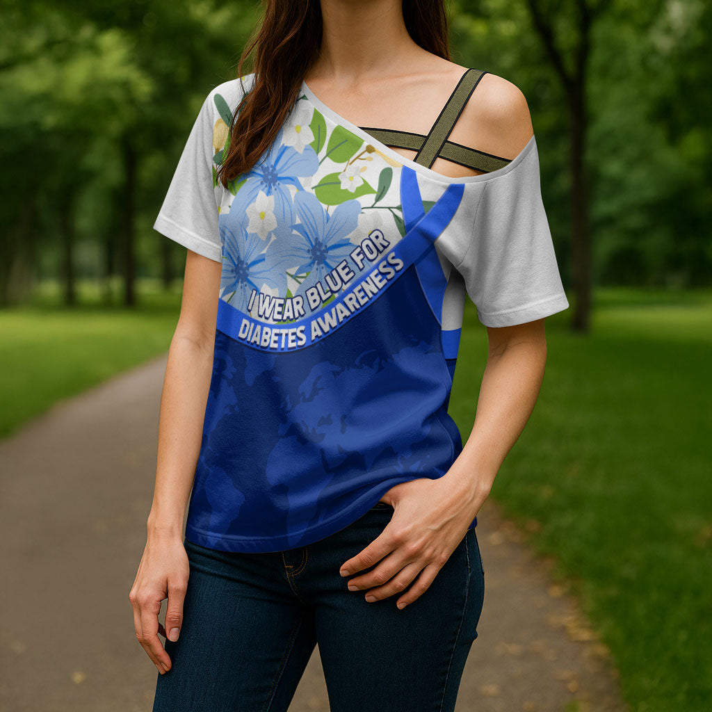 Diabetes Awareness Ribbon Cross Shoulder Shirt Floral Blue Ribbon World Map