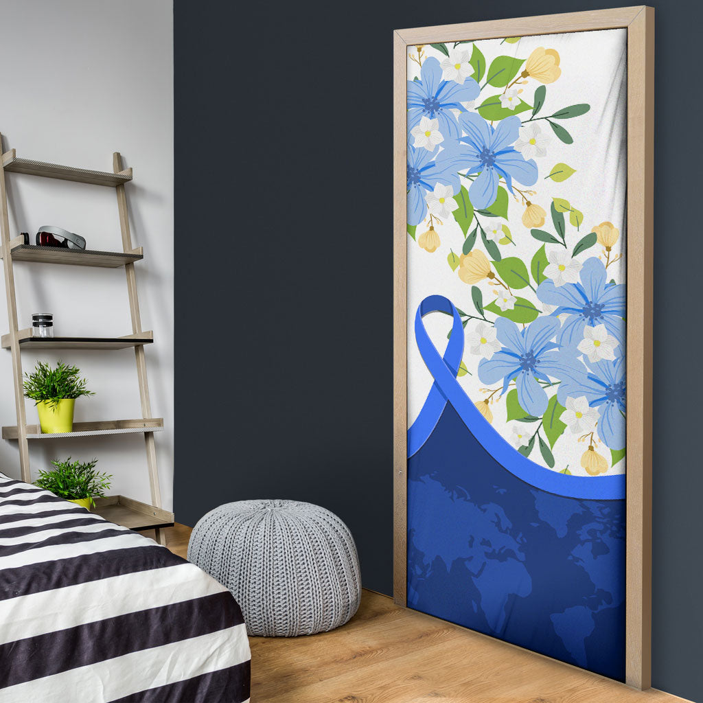 Diabetes Awareness Ribbon Door Cover Floral Blue Ribbon World Map