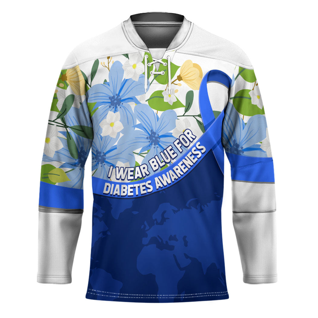 Diabetes Awareness Ribbon Hockey Jersey Floral Blue Ribbon World Map