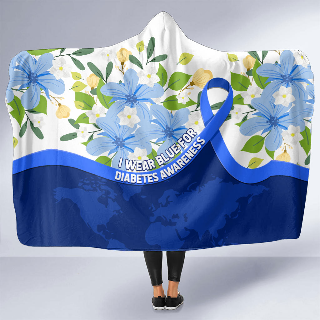 Diabetes Awareness Ribbon Hooded Blanket Floral Blue Ribbon World Map