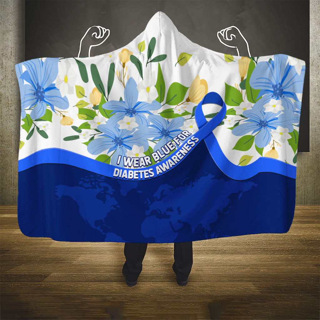 Diabetes Awareness Ribbon Hooded Blanket Floral Blue Ribbon World Map