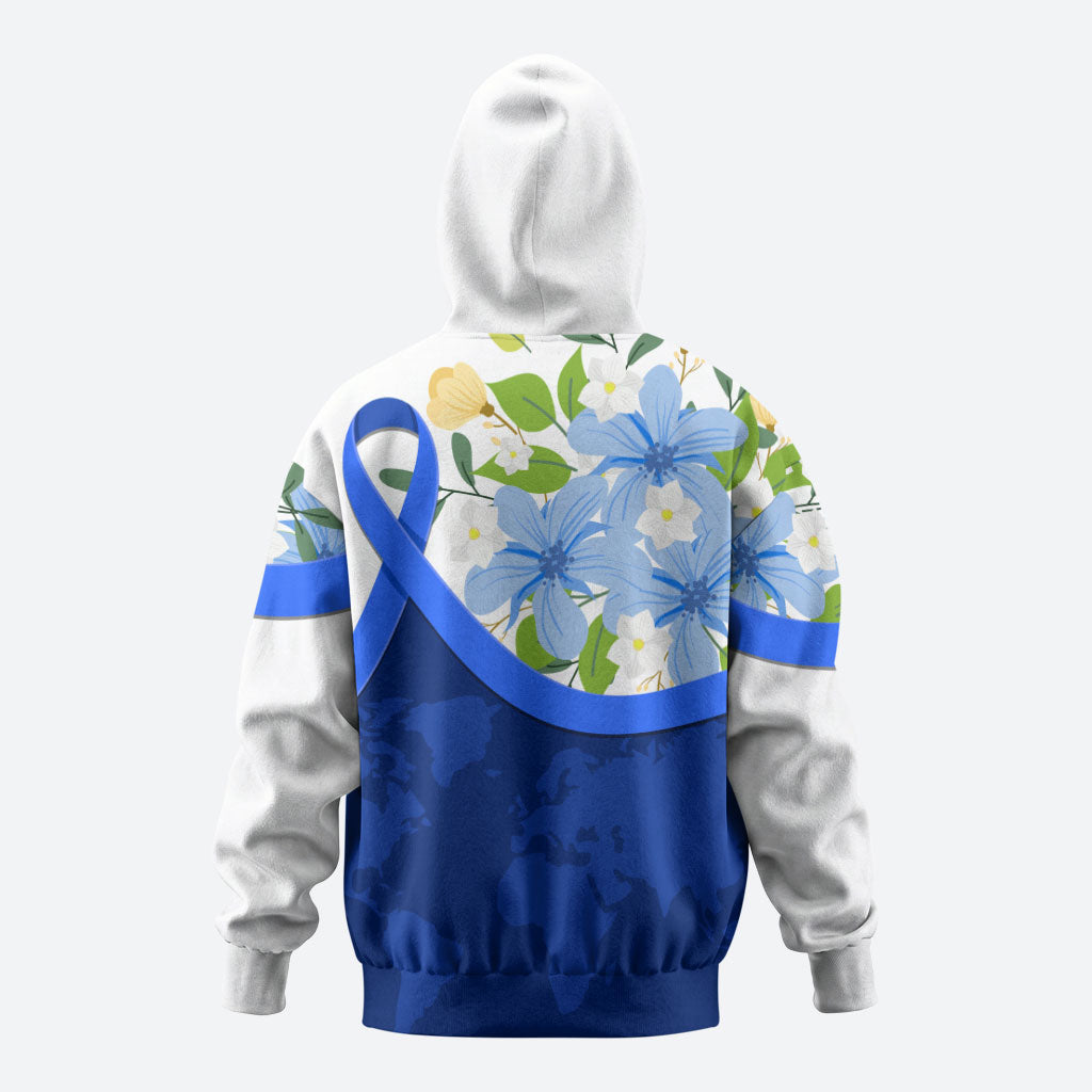 Diabetes Awareness Ribbon Hoodie Floral Blue Ribbon World Map