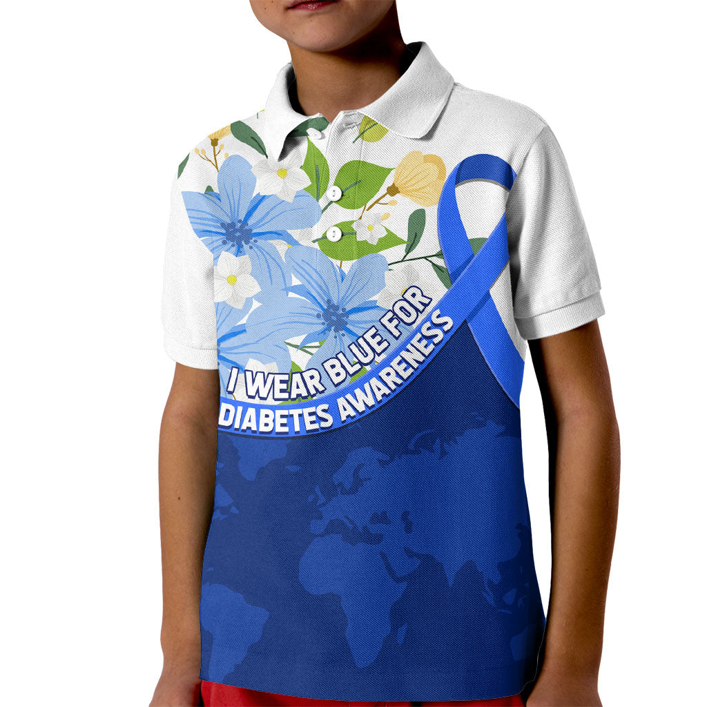 Diabetes Awareness Ribbon Kid Polo Shirt Floral Blue Ribbon World Map