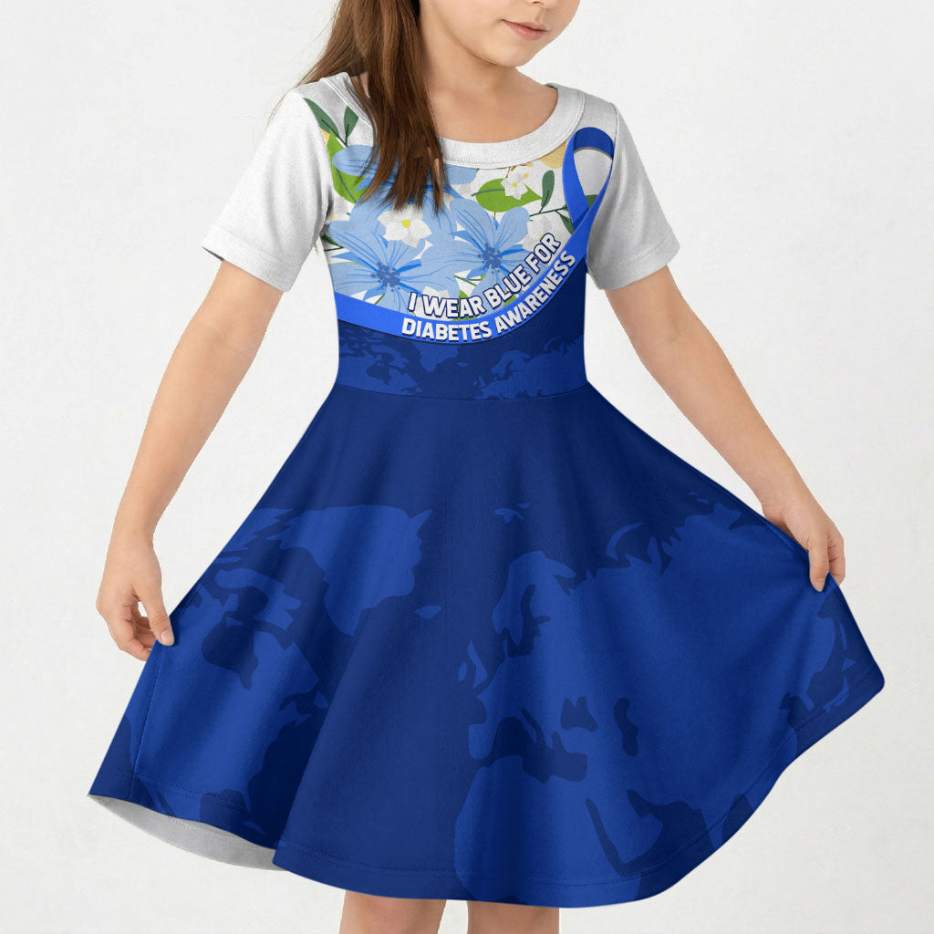 Diabetes Awareness Ribbon Kid Short Sleeve Dress Floral Blue Ribbon World Map