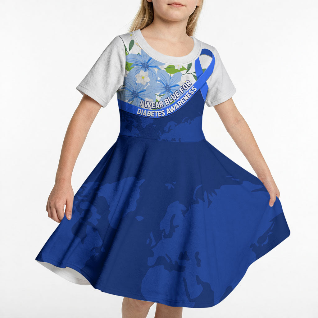 Diabetes Awareness Ribbon Kid Short Sleeve Dress Floral Blue Ribbon World Map