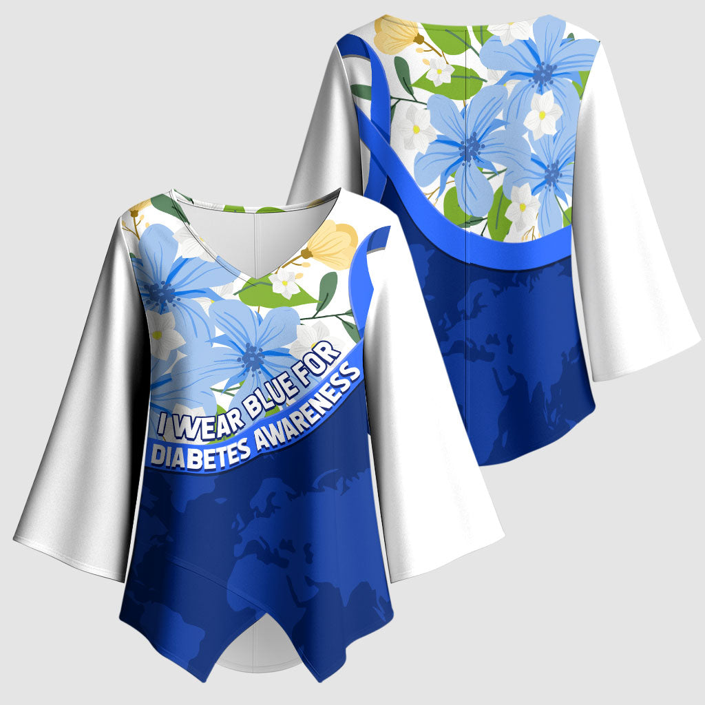 Diabetes Awareness Ribbon Kimono Sleeve Blouse Floral Blue Ribbon World Map