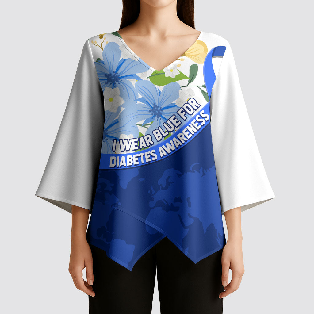 Diabetes Awareness Ribbon Kimono Sleeve Blouse Floral Blue Ribbon World Map