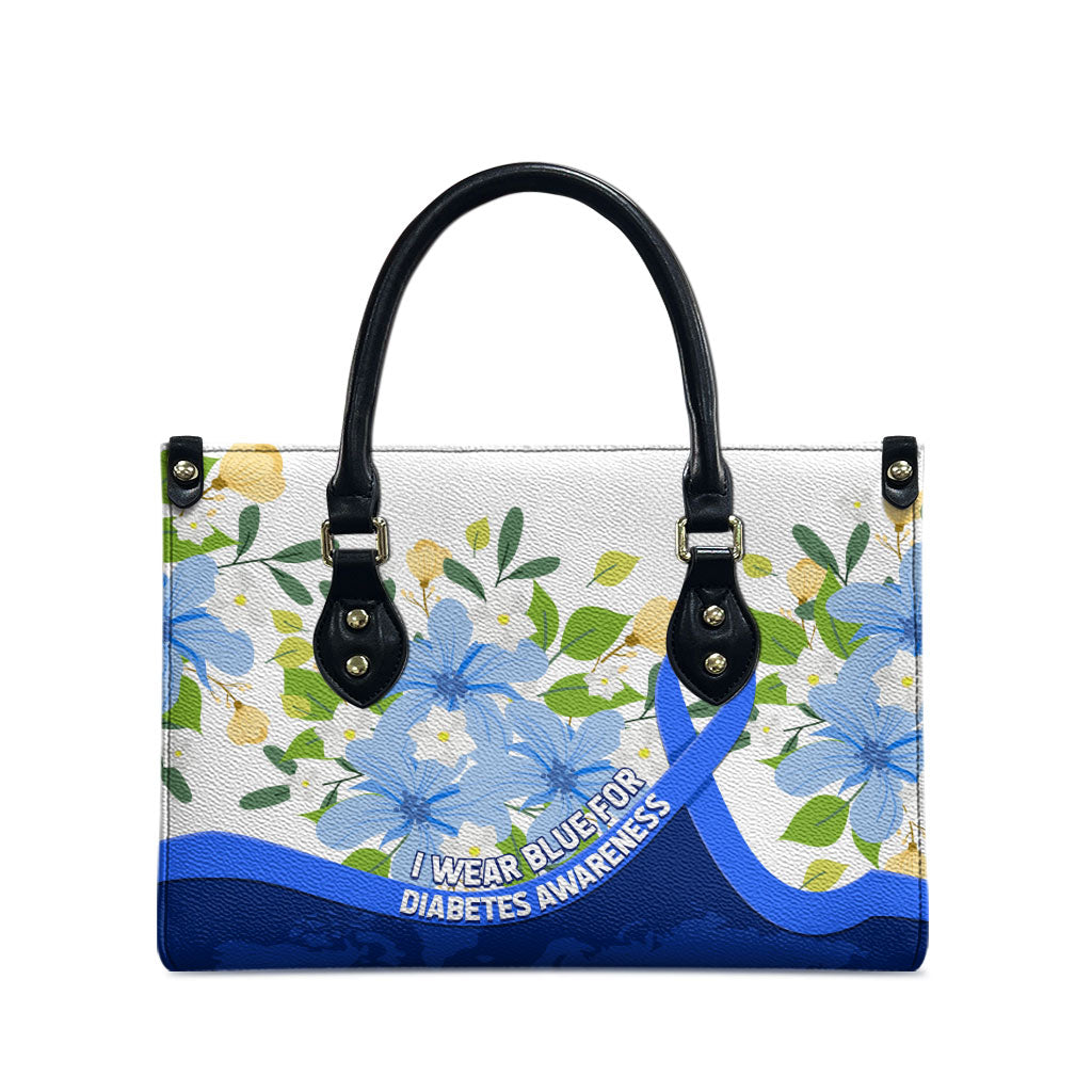 Diabetes Awareness Ribbon Leather Bag Floral Blue Ribbon World Map