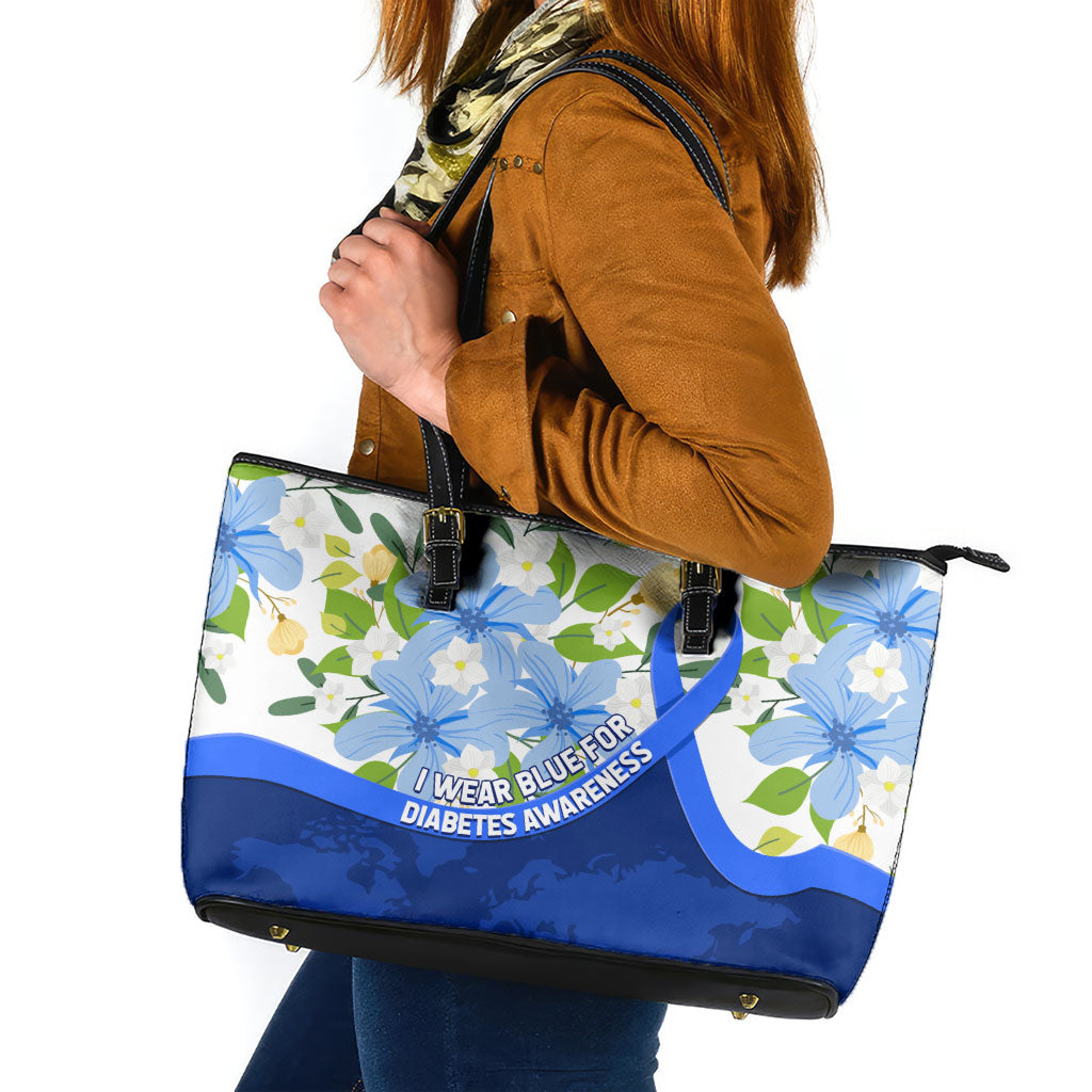 Diabetes Awareness Ribbon Leather Tote Bag Floral Blue Ribbon World Map