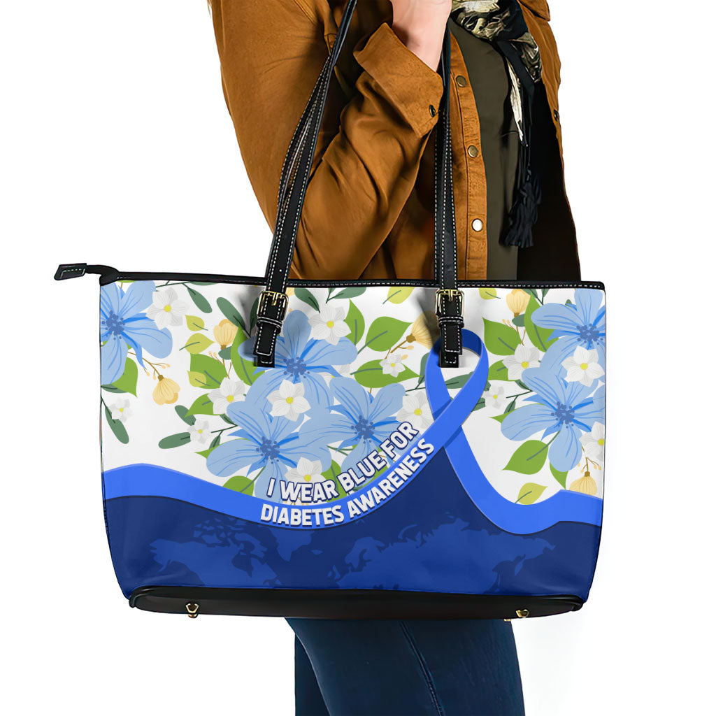 Diabetes Awareness Ribbon Leather Tote Bag Floral Blue Ribbon World Map