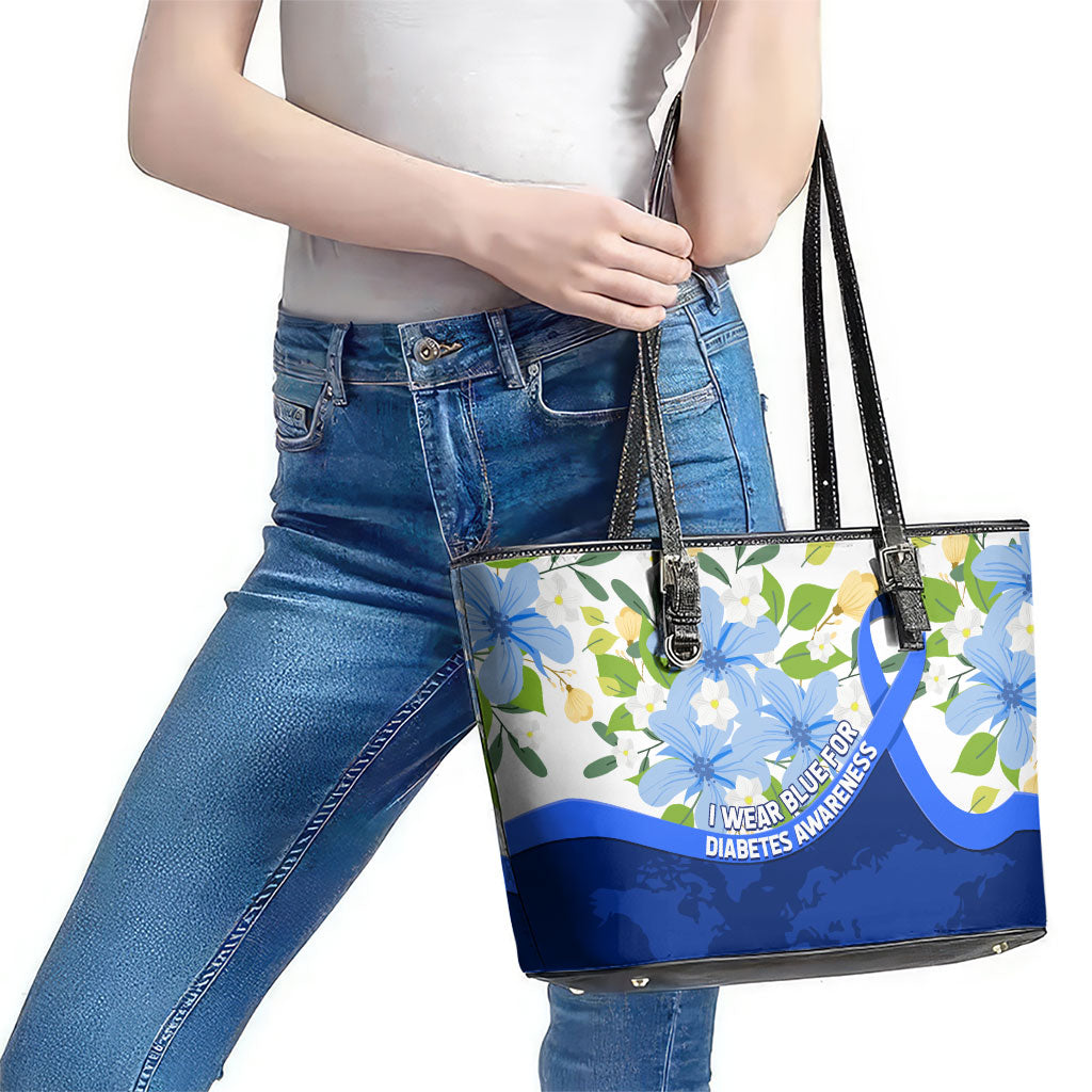 Diabetes Awareness Ribbon Leather Tote Bag Floral Blue Ribbon World Map