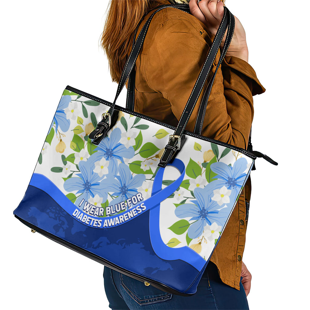 Diabetes Awareness Ribbon Leather Tote Bag Floral Blue Ribbon World Map