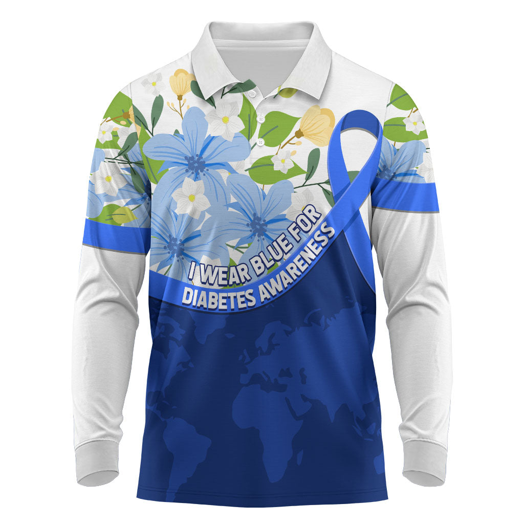 Diabetes Awareness Ribbon Long Sleeve Polo Shirt Floral Blue Ribbon World Map