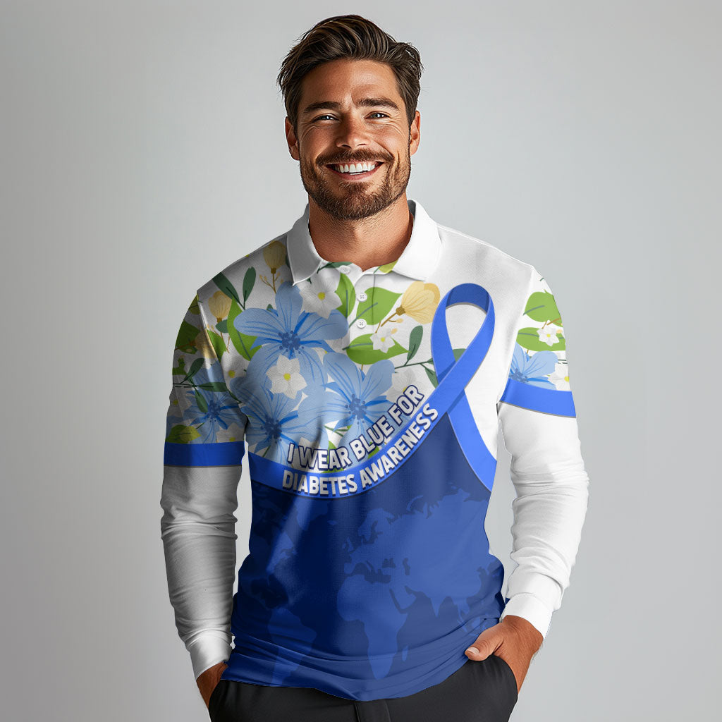 Diabetes Awareness Ribbon Long Sleeve Polo Shirt Floral Blue Ribbon World Map