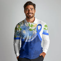 Diabetes Awareness Ribbon Long Sleeve Polo Shirt Floral Blue Ribbon World Map