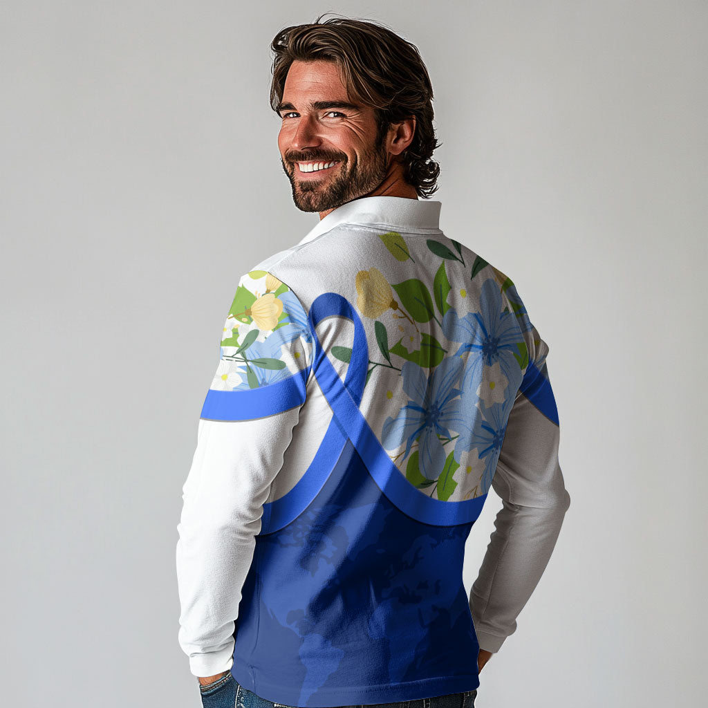 Diabetes Awareness Ribbon Long Sleeve Polo Shirt Floral Blue Ribbon World Map