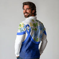 Diabetes Awareness Ribbon Long Sleeve Polo Shirt Floral Blue Ribbon World Map