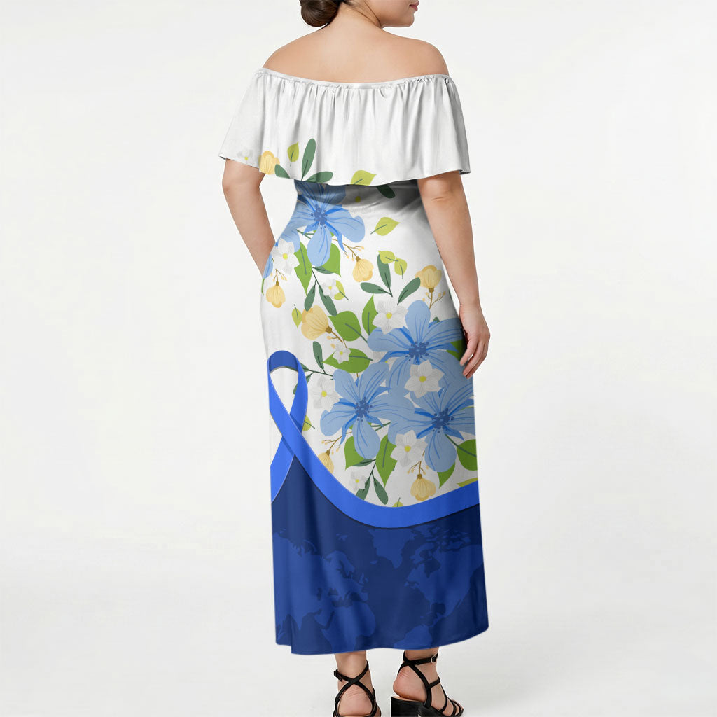 Diabetes Awareness Ribbon Off Shoulder Maxi Dress Floral Blue Ribbon World Map
