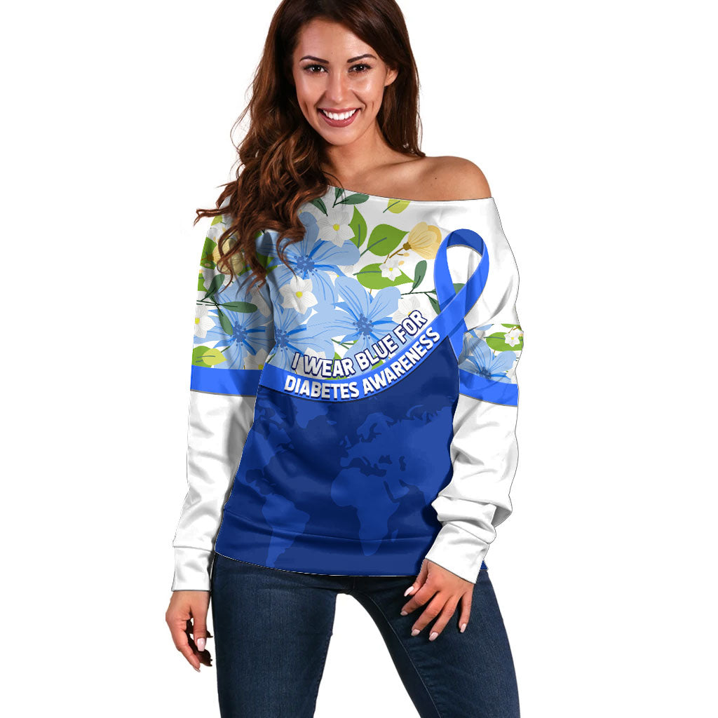 Diabetes Awareness Ribbon Off Shoulder Sweater Floral Blue Ribbon World Map