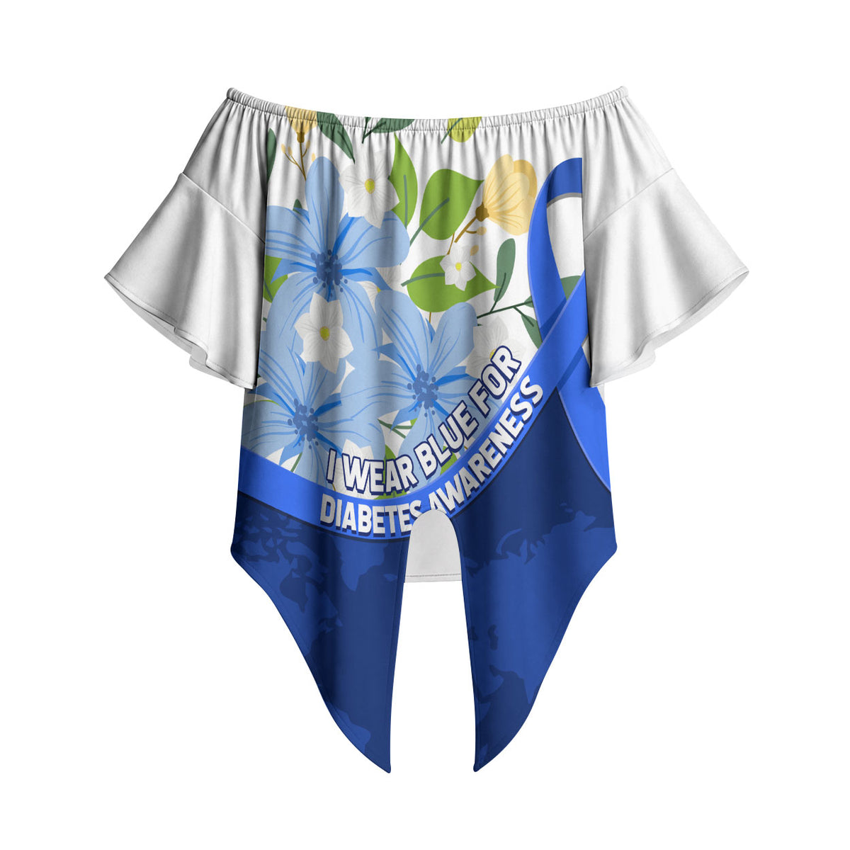 Diabetes Awareness Ribbon Off Shoulder Wrap Waist Top Floral Blue Ribbon World Map
