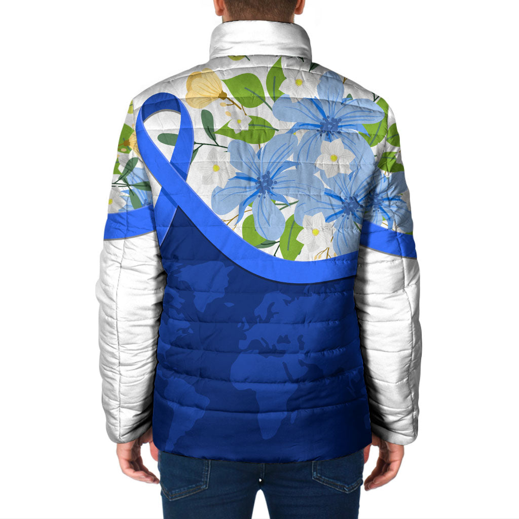 Diabetes Awareness Ribbon Padded Jacket Floral Blue Ribbon World Map