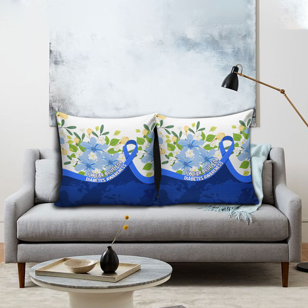 Diabetes Awareness Ribbon Pillow Cover Floral Blue Ribbon World Map