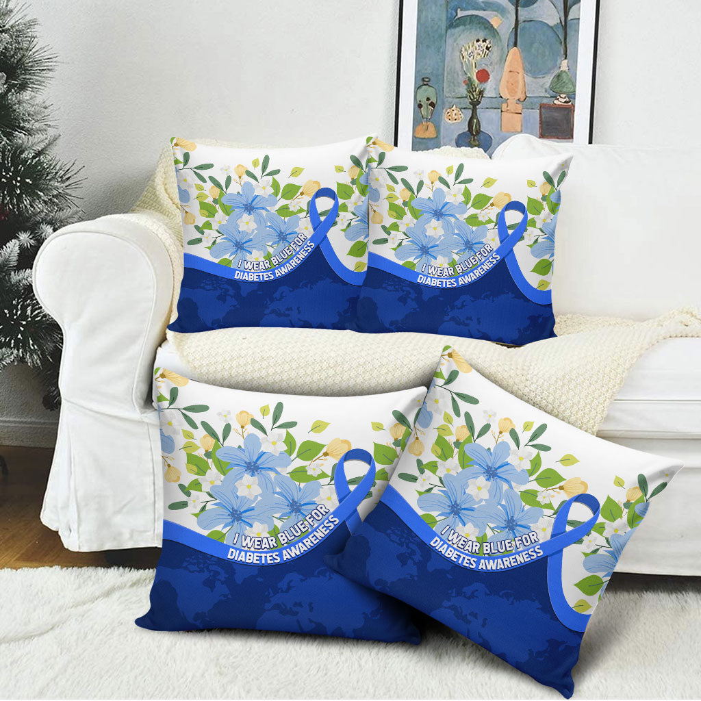 Diabetes Awareness Ribbon Pillow Cover Floral Blue Ribbon World Map