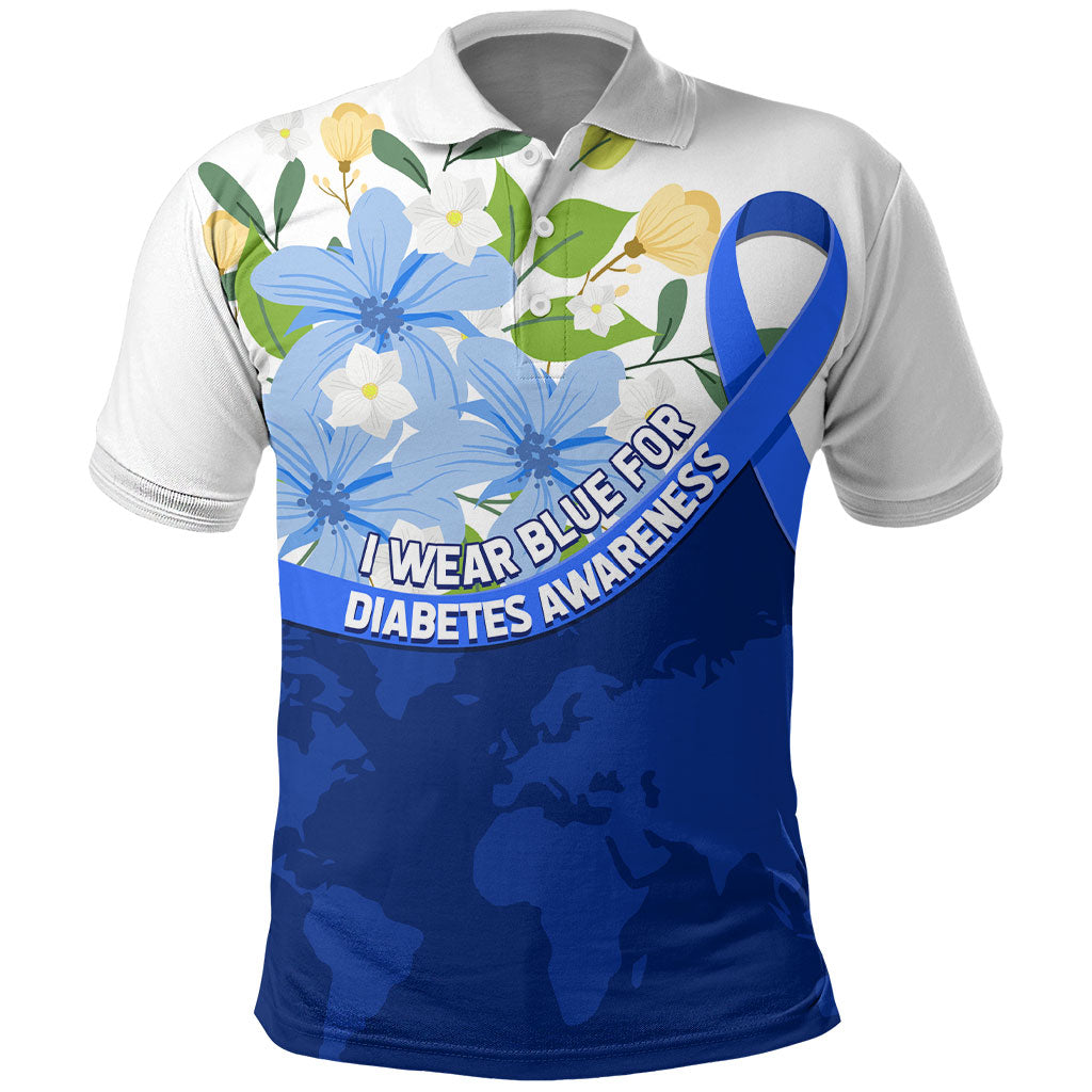 Diabetes Awareness Ribbon Polo Shirt Floral Blue Ribbon World Map