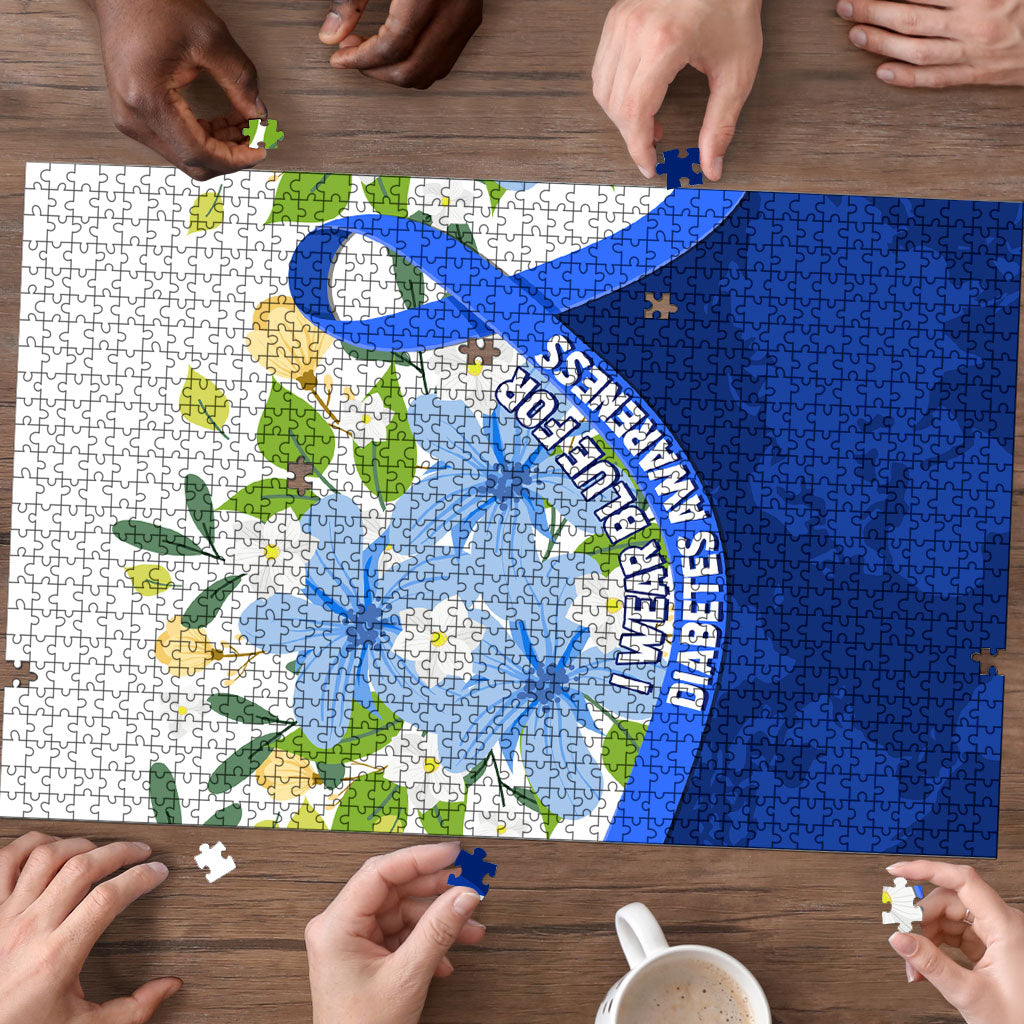 Diabetes Awareness Ribbon Puzzle Floral Blue Ribbon World Map