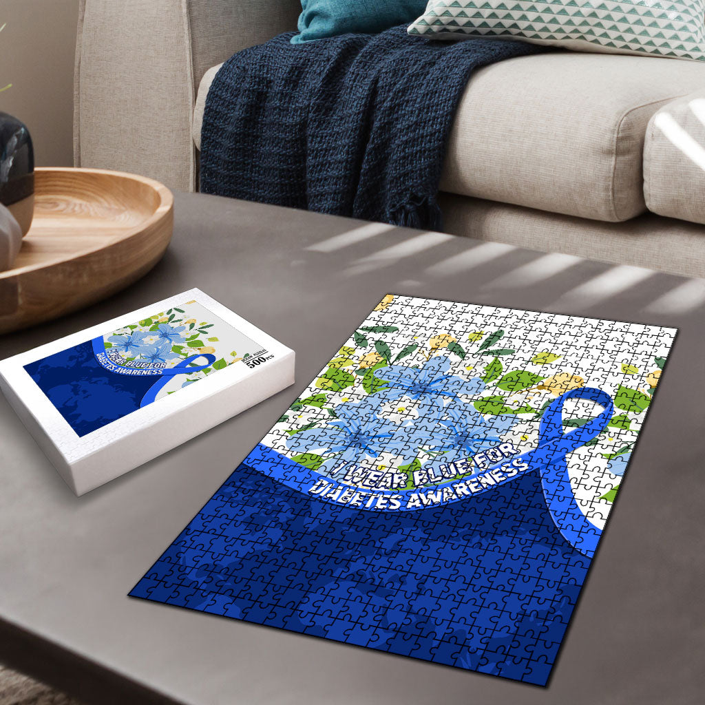 Diabetes Awareness Ribbon Puzzle Floral Blue Ribbon World Map
