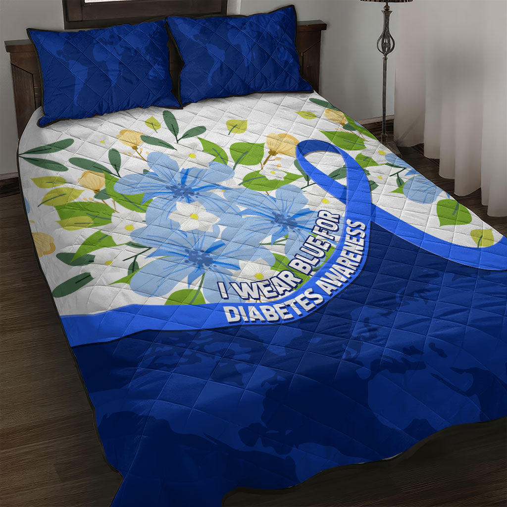 Diabetes Awareness Ribbon Quilt Bed Set Floral Blue Ribbon World Map