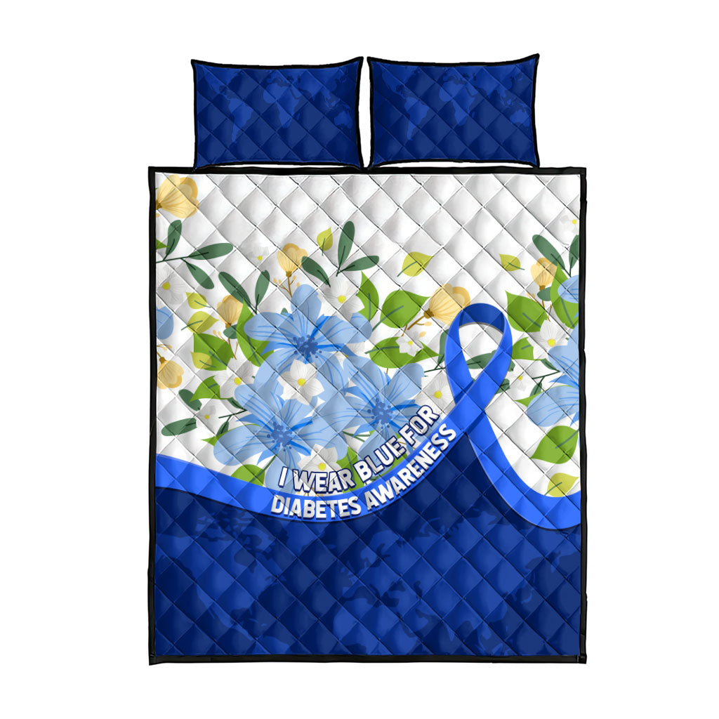 Diabetes Awareness Ribbon Quilt Bed Set Floral Blue Ribbon World Map
