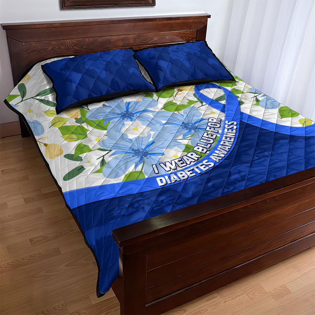 Diabetes Awareness Ribbon Quilt Bed Set Floral Blue Ribbon World Map