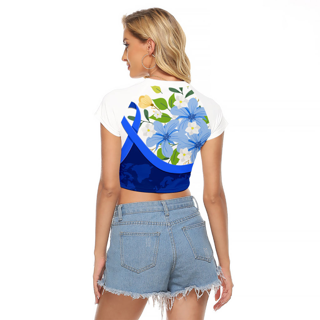 Diabetes Awareness Ribbon Raglan Cropped T Shirt Floral Blue Ribbon World Map