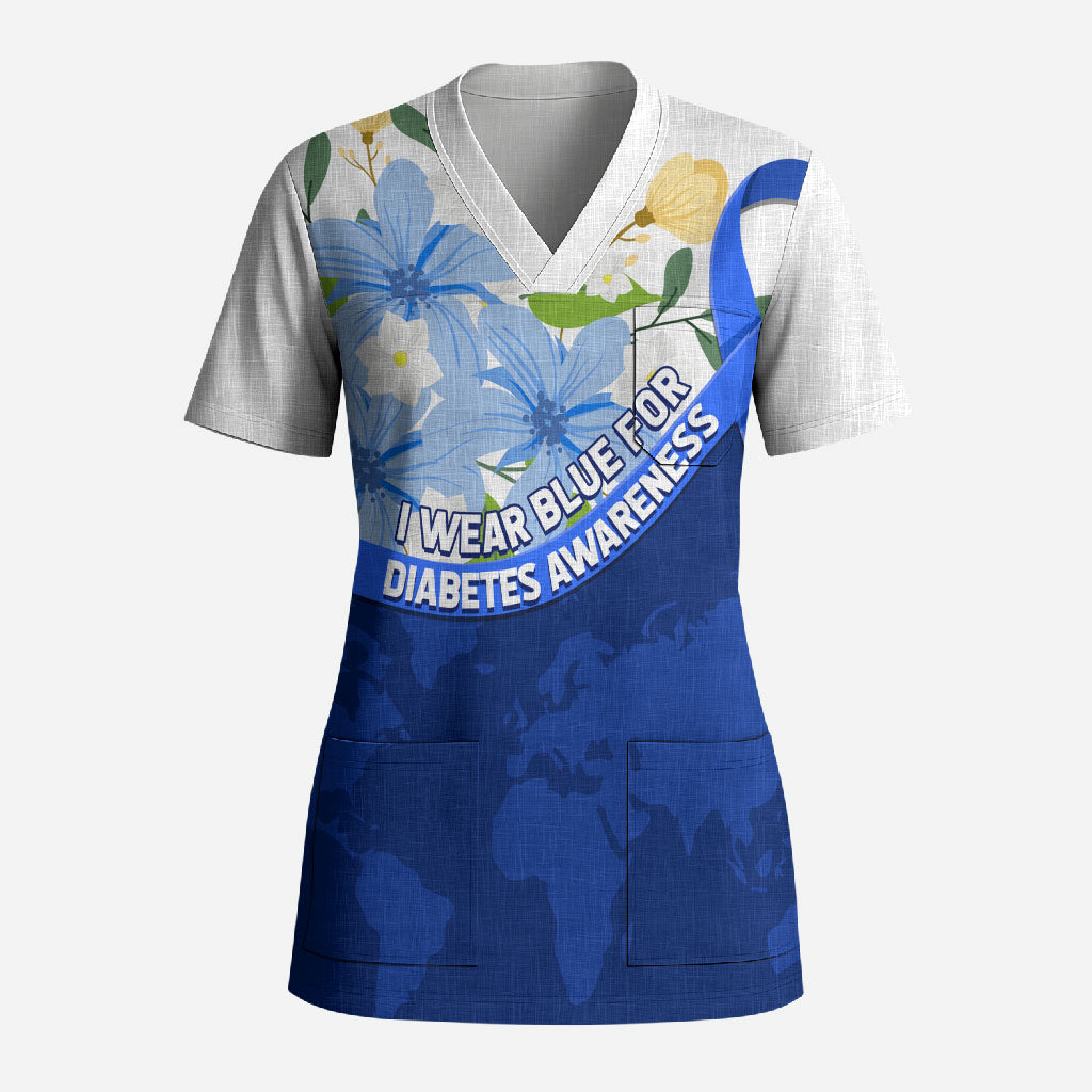 Diabetes Awareness Ribbon Scrub Top Floral Blue Ribbon World Map