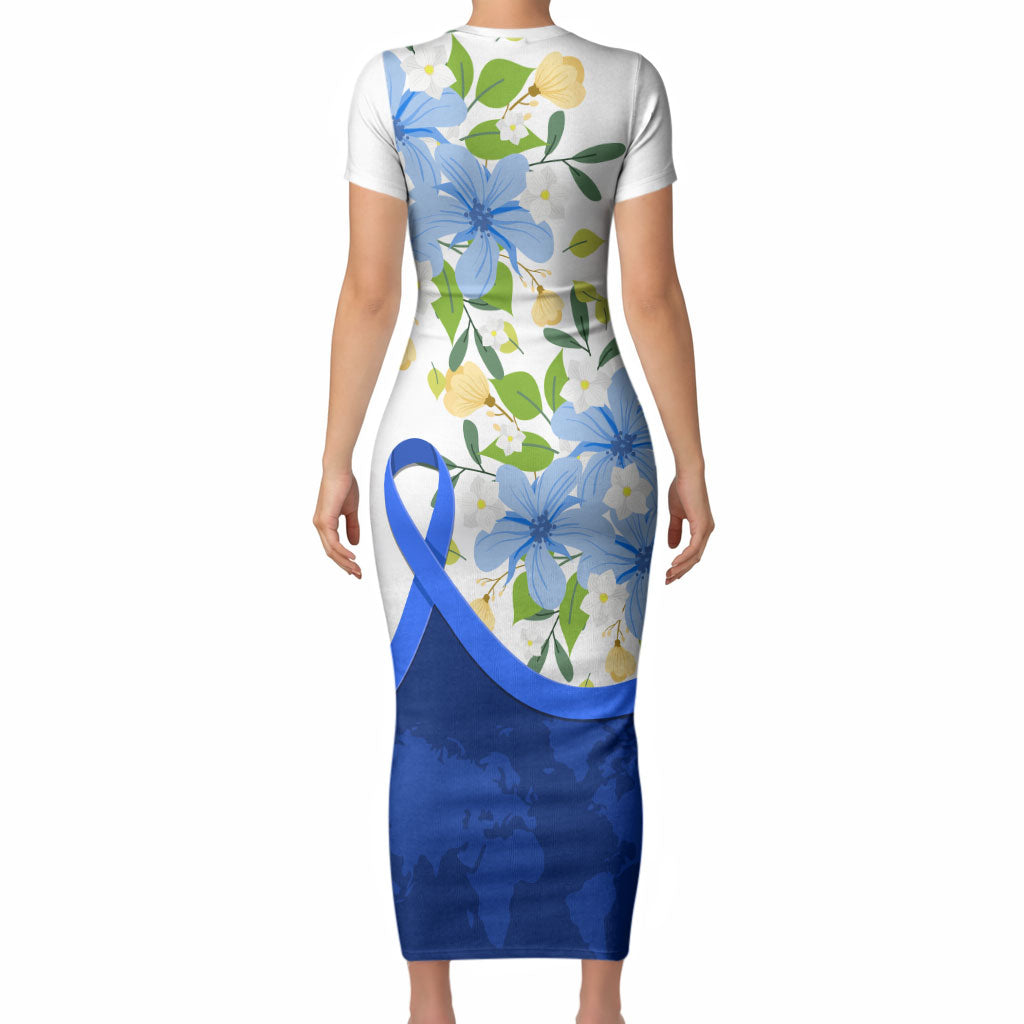 Diabetes Awareness Ribbon Short Sleeve Bodycon Dress Floral Blue Ribbon World Map
