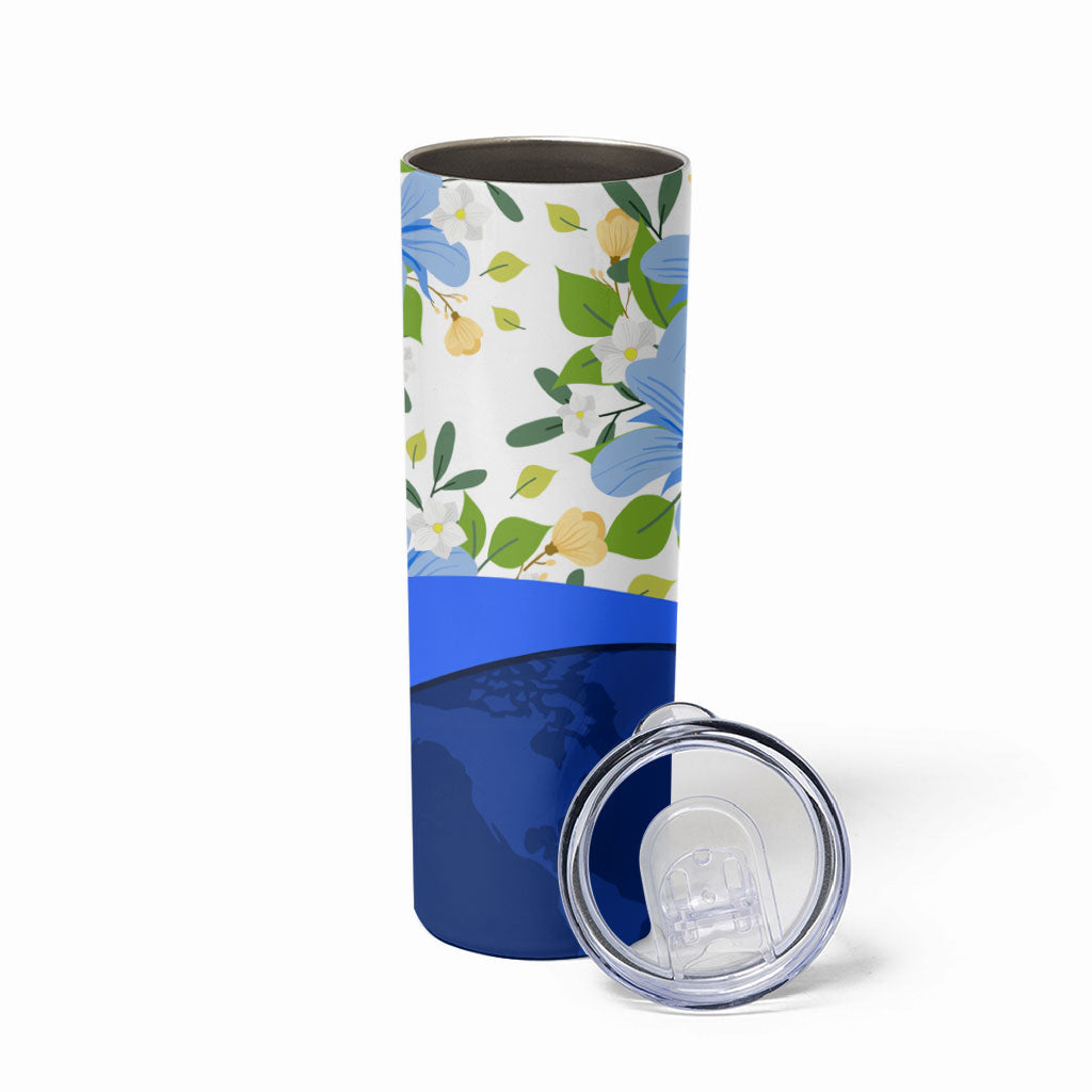 Diabetes Awareness Ribbon Skinny Tumbler Floral Blue Ribbon World Map