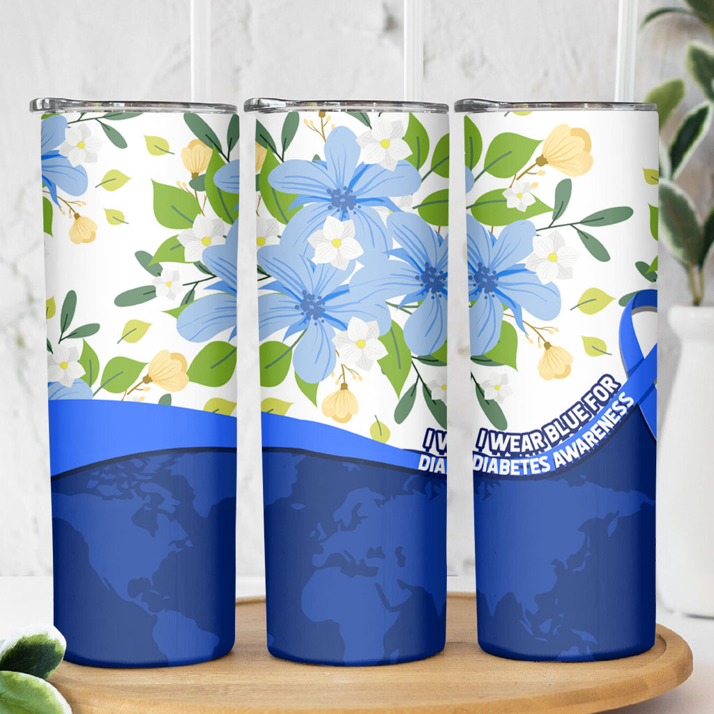 Diabetes Awareness Ribbon Skinny Tumbler Floral Blue Ribbon World Map
