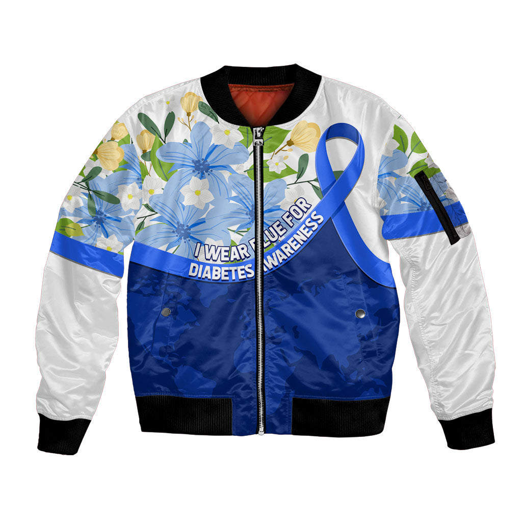 Diabetes Awareness Ribbon Sleeve Zip Bomber Jacket Floral Blue Ribbon World Map