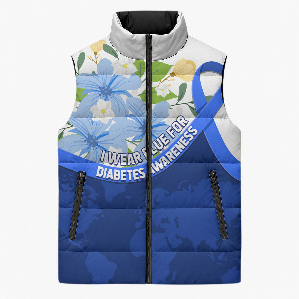 Diabetes Awareness Ribbon Sleeveless Puffer Jacket Floral Blue Ribbon World Map