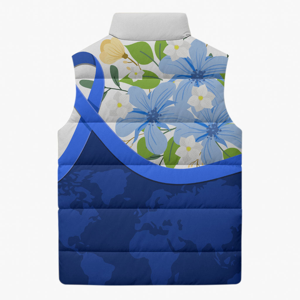 Diabetes Awareness Ribbon Sleeveless Puffer Jacket Floral Blue Ribbon World Map