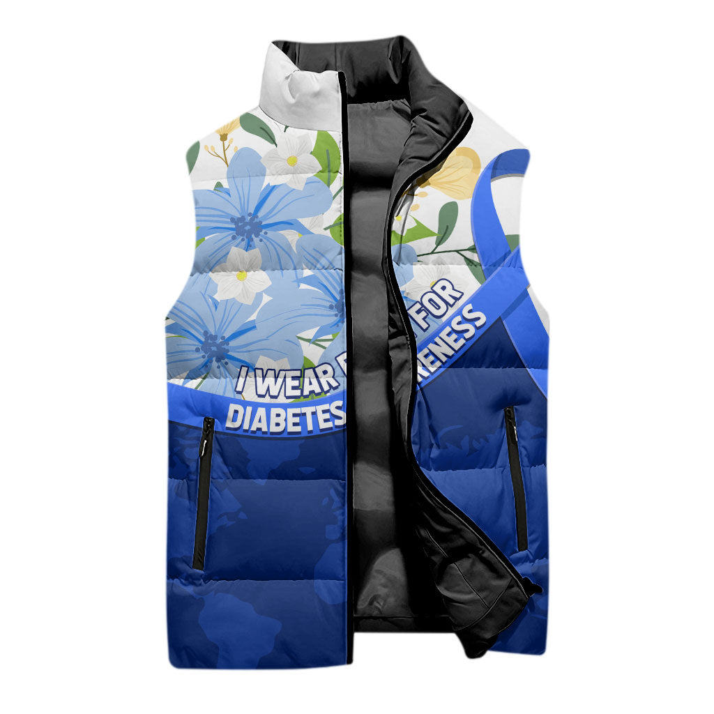 Diabetes Awareness Ribbon Sleeveless Puffer Jacket Floral Blue Ribbon World Map