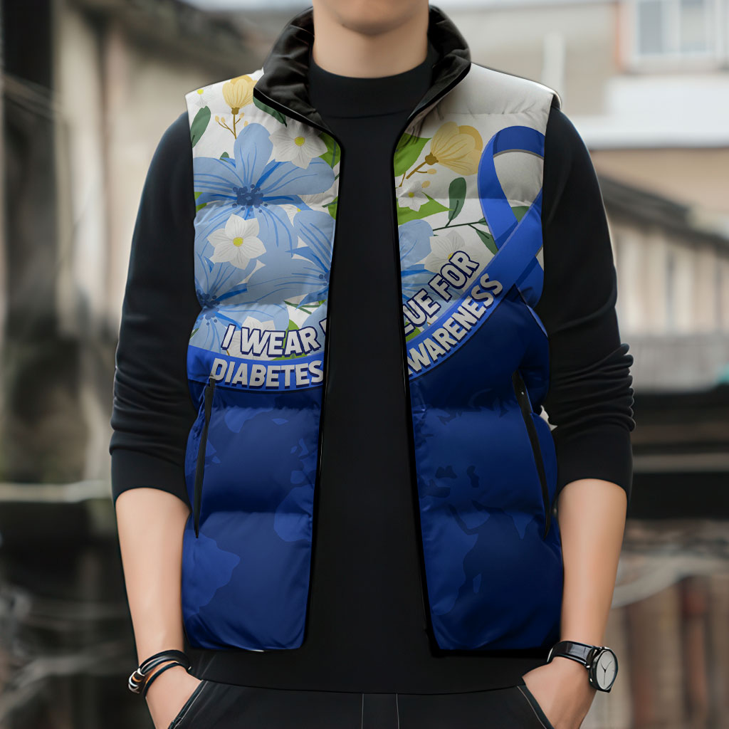 Diabetes Awareness Ribbon Sleeveless Puffer Jacket Floral Blue Ribbon World Map